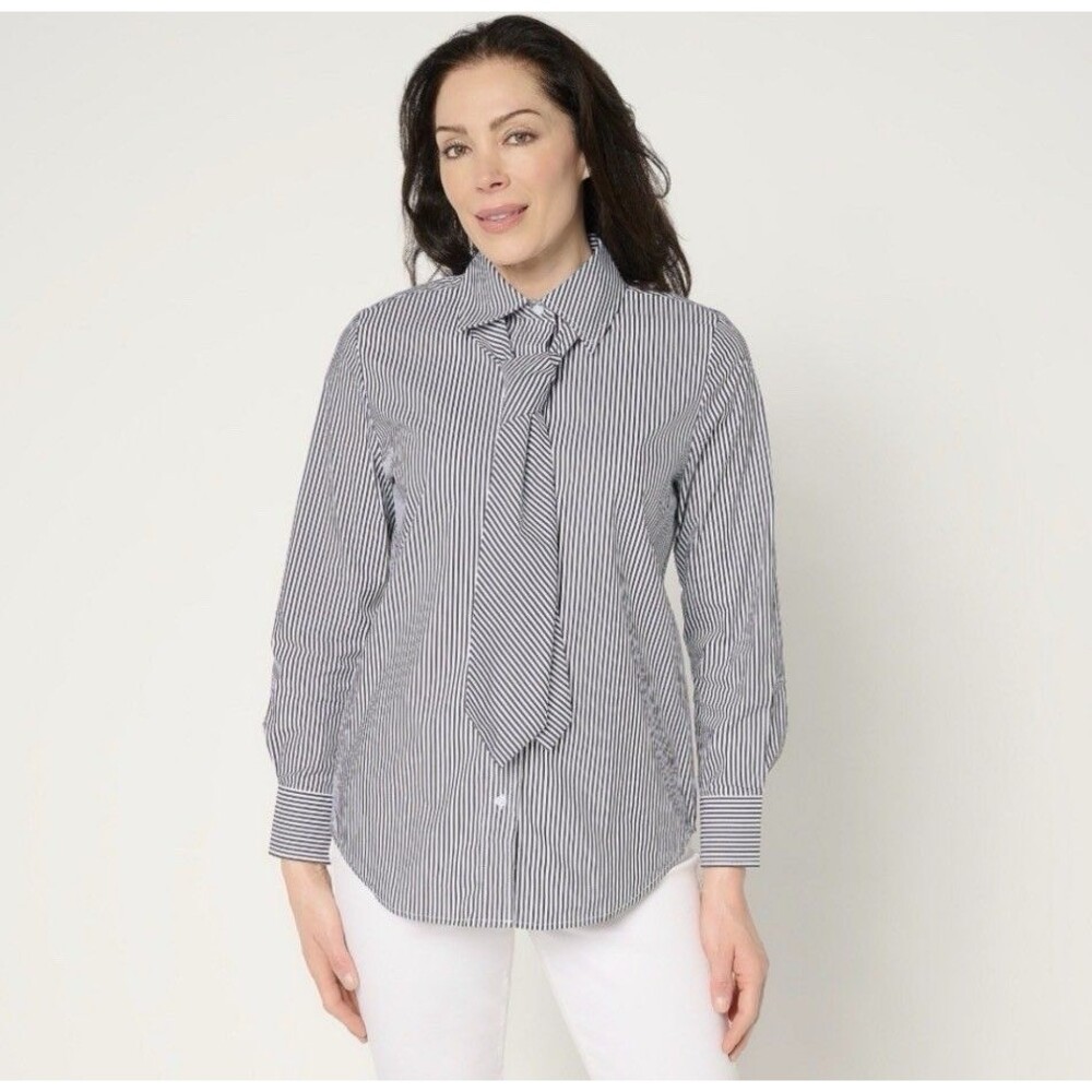 by Stacy London Striped Poplin Self Neck Tie Button Front Shirt Sz M Blk / White